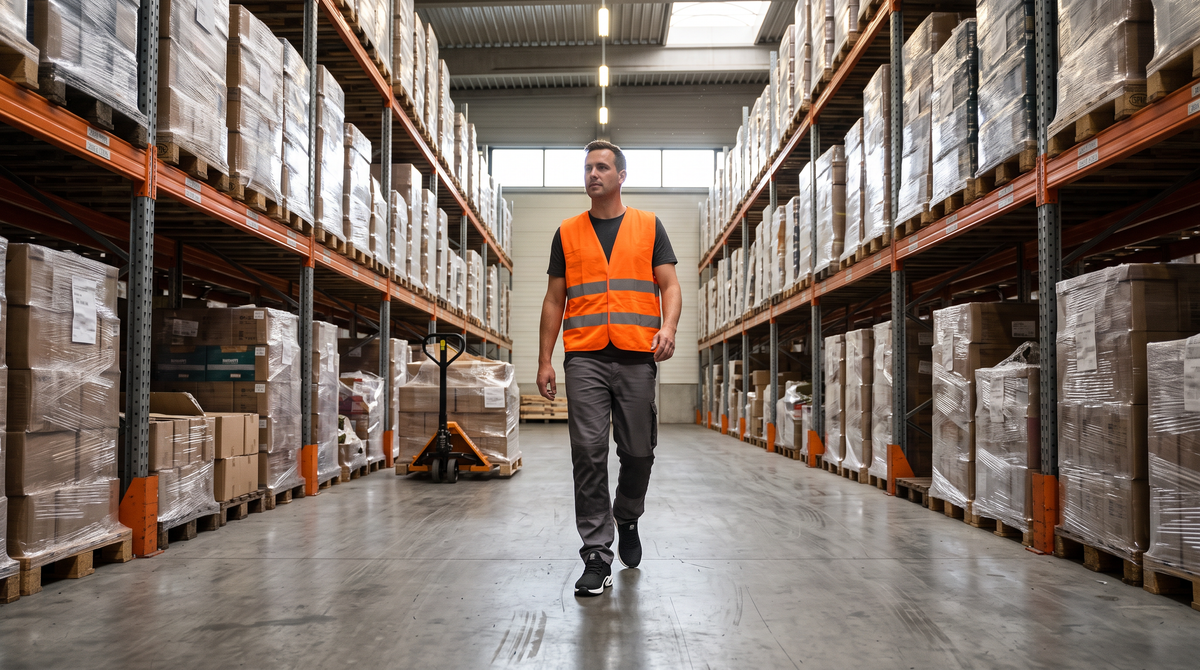 Warehouse worker walking down an aisle in Shraks safety sneakers